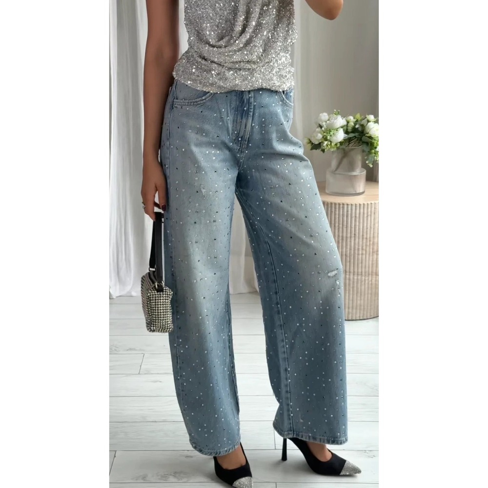Zara Wide Leg Baggy Jeans With Rhinestone Jewels Blue Womens Size 2 28x28